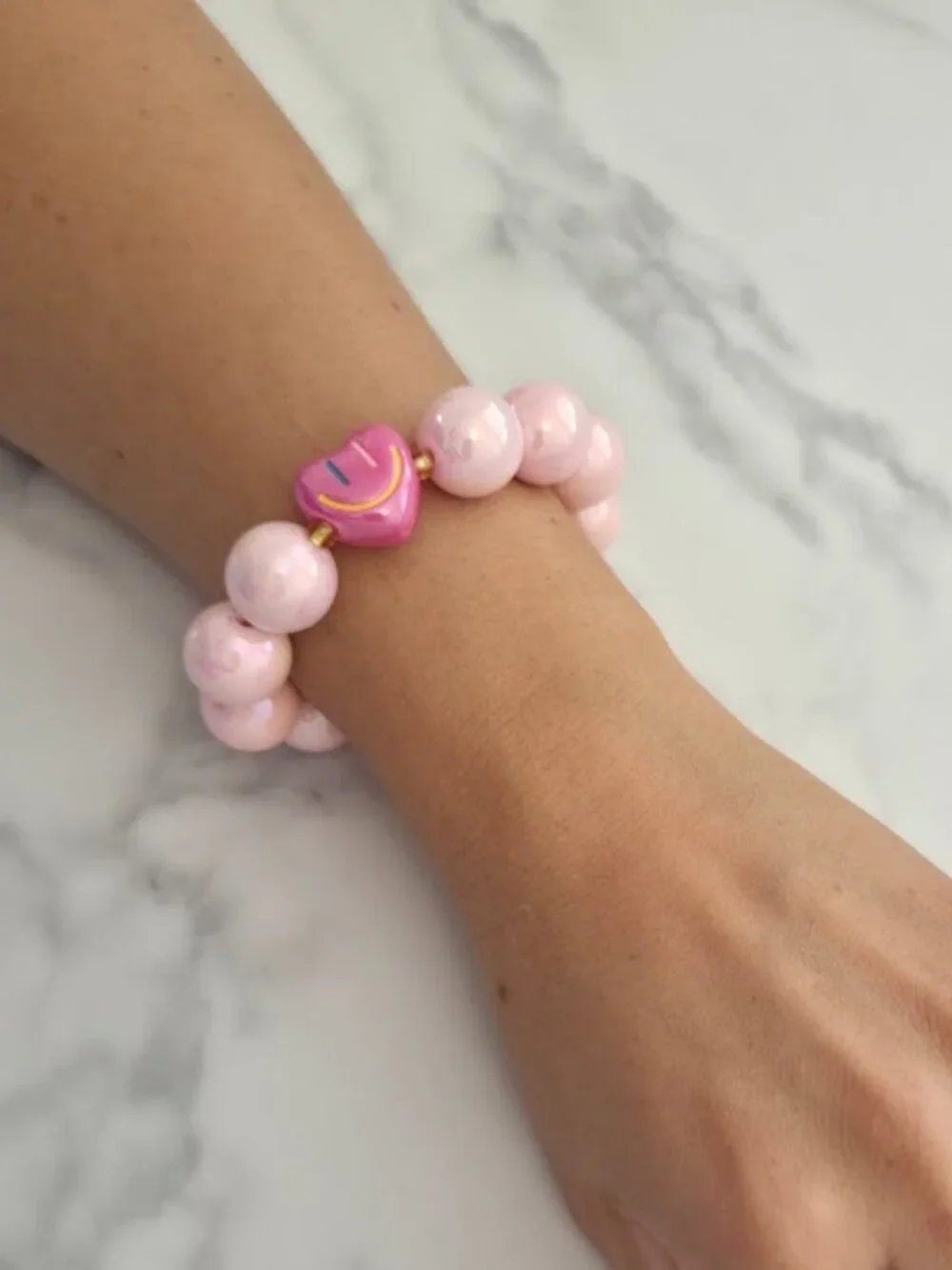 Pink Chunky Beaded Stretch Bracelet Smiley Heart Charm Y2K Jewelry